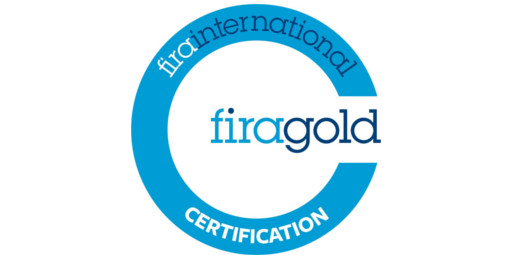 Blue circle with text reading 'fira gold, fira international certification'