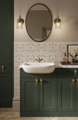 Amalfi Hunter Green cabinetry, sink and lighted mirror