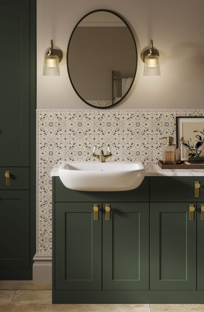 Amalfi Hunter Green cabinetry, sink and lighted mirror
