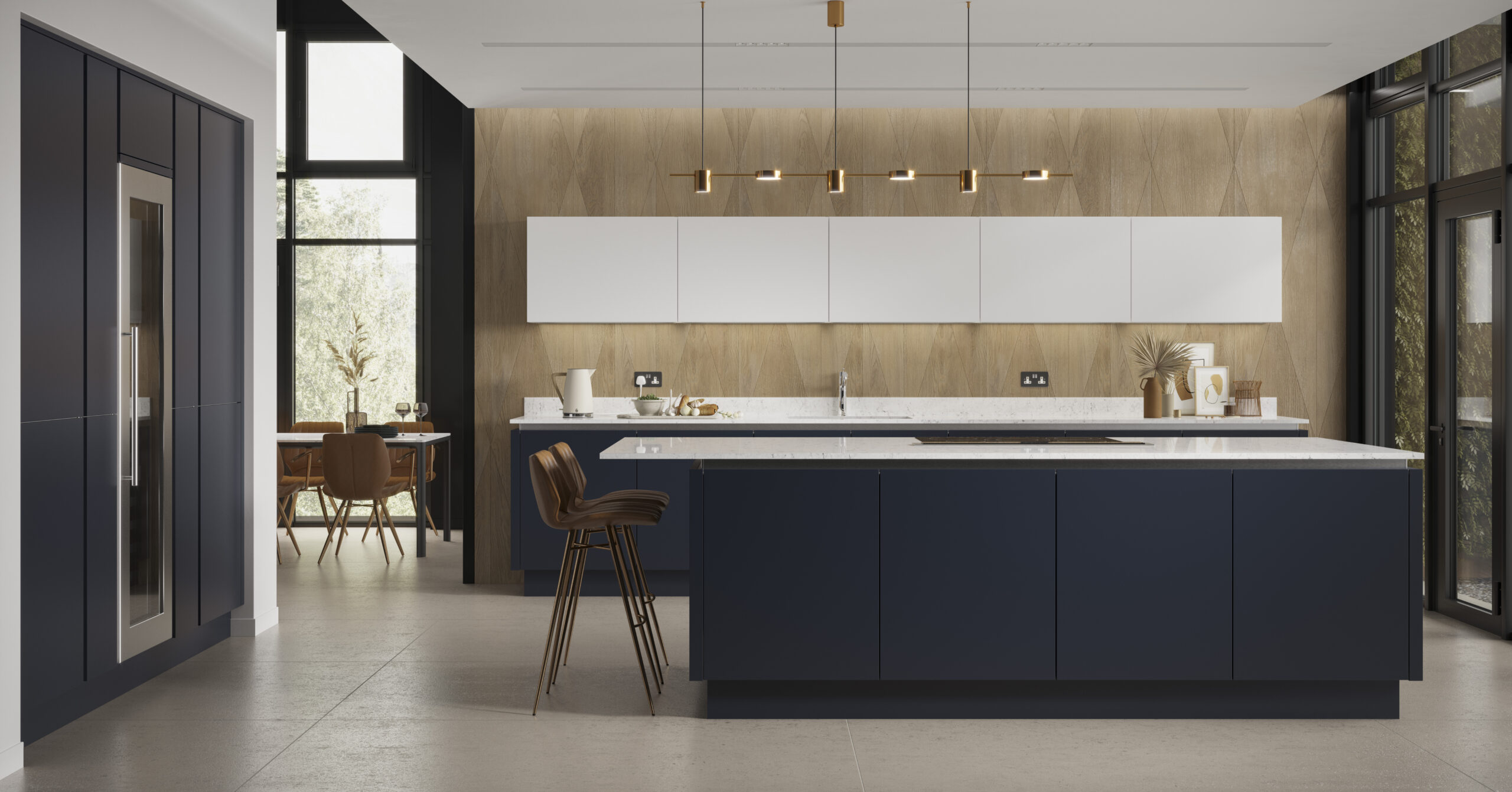 Indigo blue kitchen on island and a bank of tall units to the left, with white wall units on a wood effect wall with brown accessories.