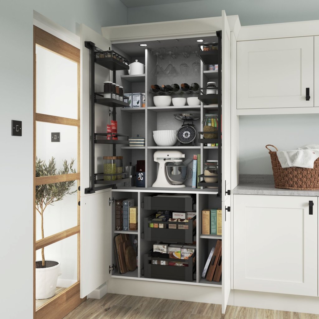 A white Princeton kitchen with a kitchen pantry. Shown with anthracite internals and propped with various kitchenware items.