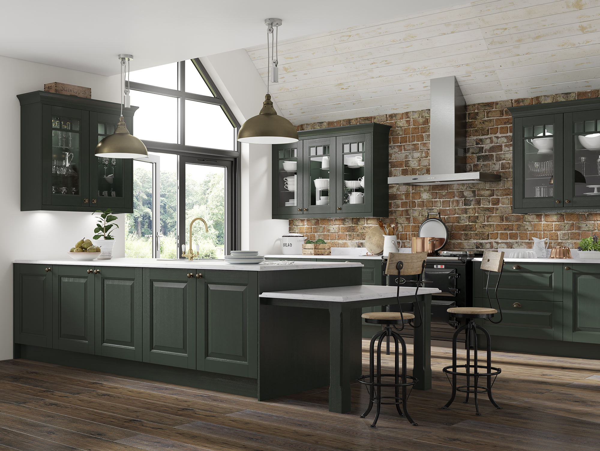 Wexford Bottle Green with Glazed Unit, Breakfast Bar & Stools